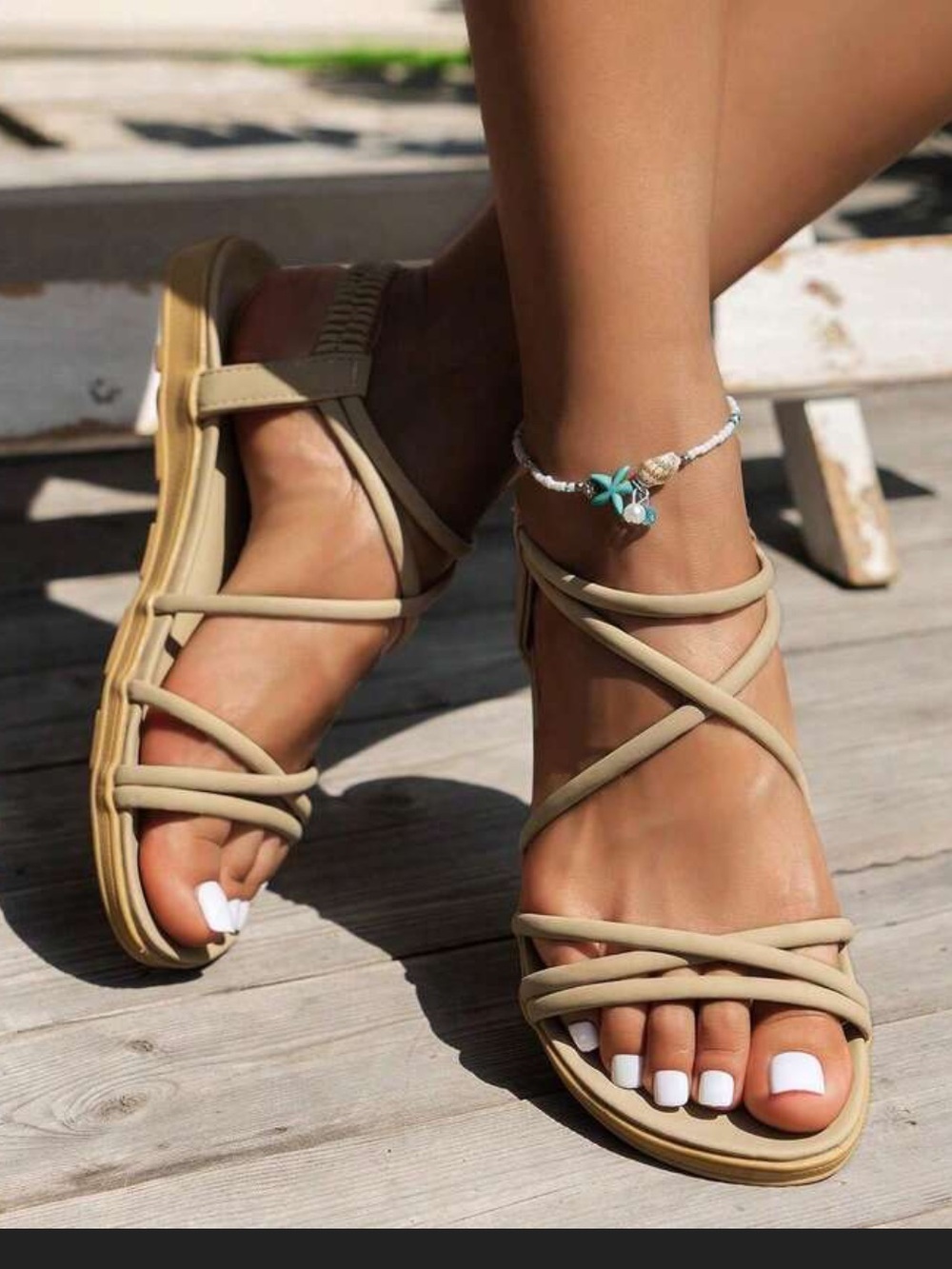 Women’s Tan Strappy Flat Sandals with Elastic Back - Picture 8 of 9